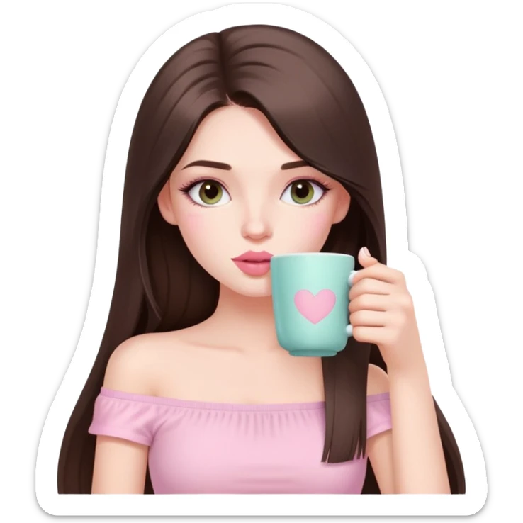 sexy pale girl, very full lips, long straight brunette hair, long lashes, pastel pink tube top, sipping tea  sticker