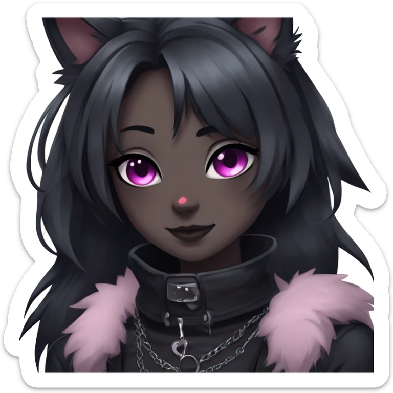 Gorgeous furry gothic dark techwear anime style anthro black cat furry sona with blushing face aesthetic and pretty edgy black with collar and harness trending style sticker