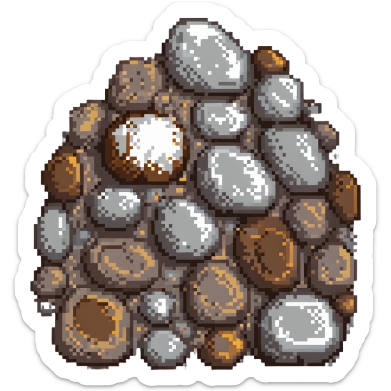 iron ore, pixel art, small cluster of gray and brown rocks, metallic shine sticker