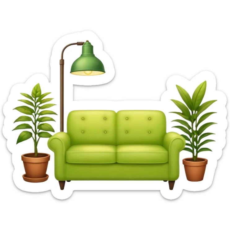 living room in ios emoji style

no TV, and make the couch a light green color

there is a lamp on one side and some plants on the other side sticker