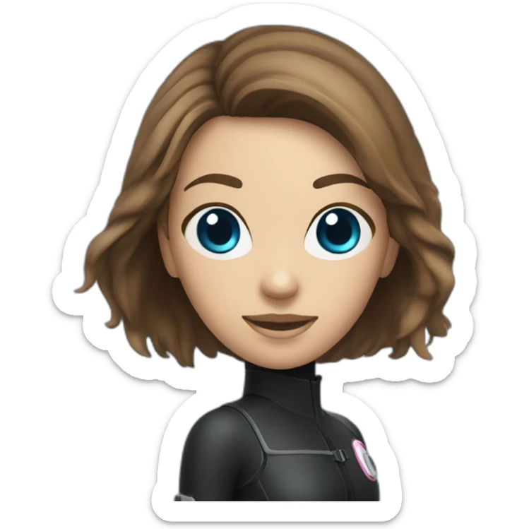 a woman with an a black scubadiver suit. pink dive mask, she has blue eyes inside the dive mask. brown largue and straight hair sticker