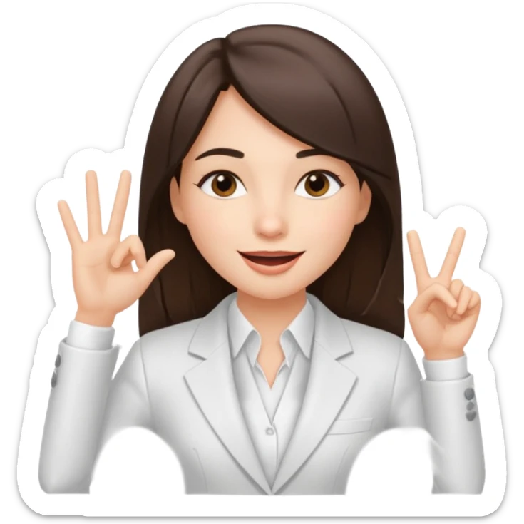 brunette girl wearing a white suit, with straight hair, making a "be quiet" gesture sticker