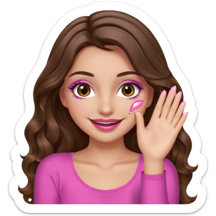 girl with long wavy brown hair, brown eyes, long lashes makeup, sexy pink lips, light to medium complexion, wearing a pink sexy top, smiling, hands covering over the eyes sticker