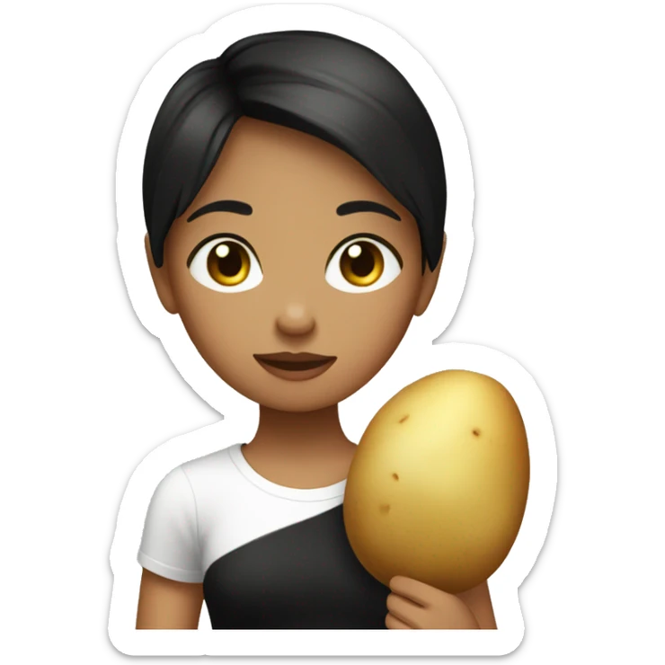 Girl with dark brown short hair and black t-shirt holding a potato  sticker