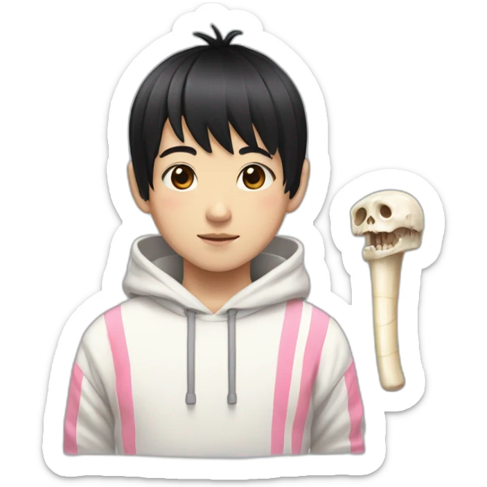 Japanese boy, with cute black hair and with a bone hairclip wearing a white hoodie with pink stripes sticker