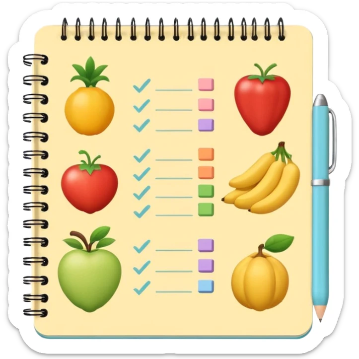 Emoji of checklist notebook with healthy food icons, nutrition planning, flat minimal emoji, pastel colors sticker