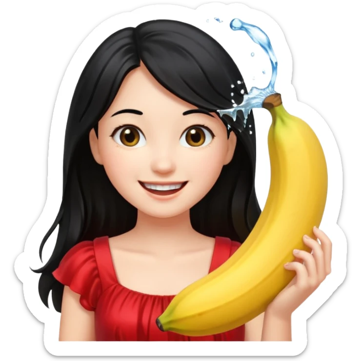 a water splashing banana above a girl with black hair and red dress sticker