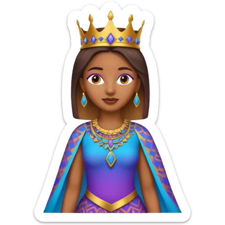 Create me an emoji of a beautiful Ethiopian Queen of Sheba wearing a neon purple and blue gradient African patterns. sticker