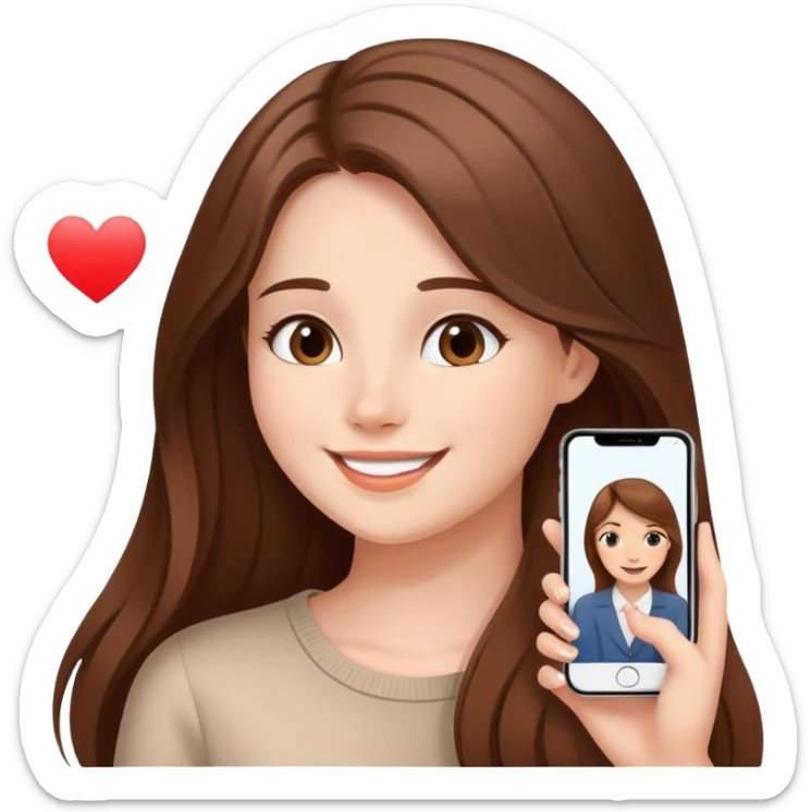 Girl with long brown hair talking to her boyfriend on video call, smiling sweetly elegant cute delicate  sticker