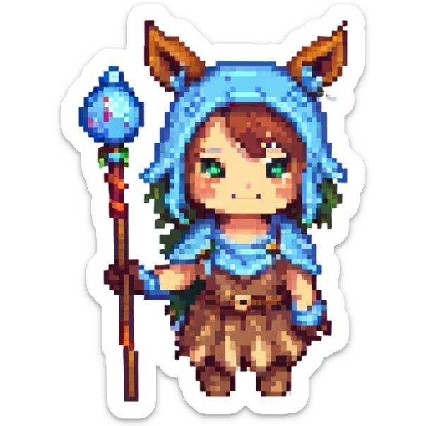 Andira from Granblue Fantasy, pixel art style, small sprite, staff in hand, cute expression, animal ears, recognizable costume sticker