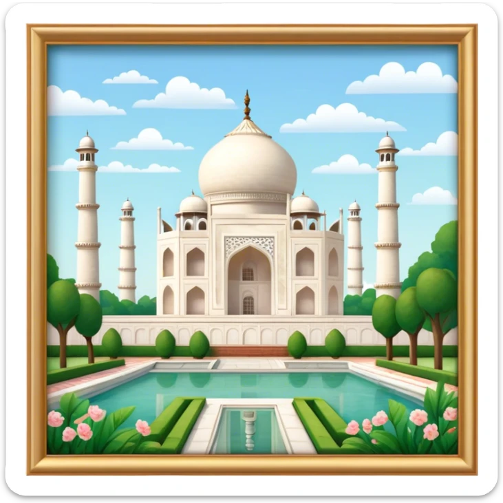 Cinematic Realistic Taj Mahal Landmark Emoji, depicted as the iconic marble mausoleum set amidst lush gardens rendered with intricate detail and ethereal, soft lighting. sticker