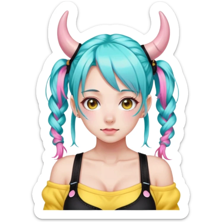 En anime-jente med to rosa lange tykke fletter og cyan striper i håret, ku-horn og ku-ører, sort BH-topp over en gul cropped-fleece-blouse sticker