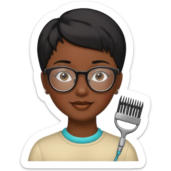 Happy woman with very short hair and glasses having haircut sticker