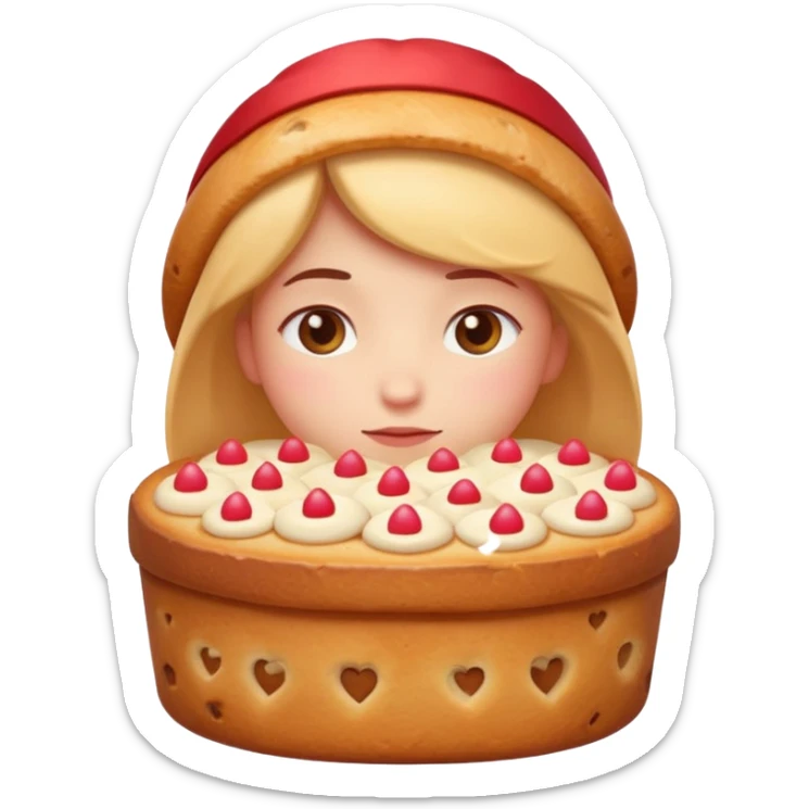 Apple-style emoji illustration of a cuteperson  with dreamy eyes thinking of a traditional panettone, small hearts floating around, soft 3D emoji style, smooth gradients, rounded shapes, warm festive colors, simple expression, centered composition, transparent background, no text. sticker