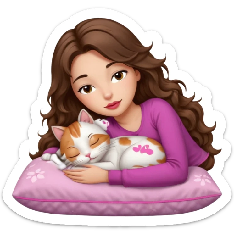 girl with long wavy brown hair, brown eyes, long lashes makeup, sexy pink lips, light to medium complexion,  sleeping on a cozy pillow, with 6 cats, sleeping sticker