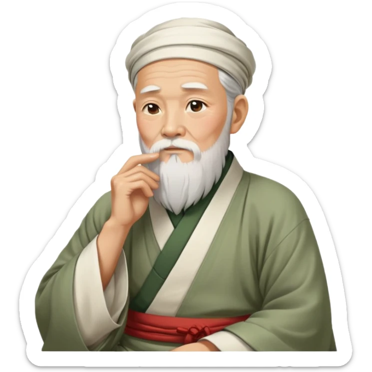 Old oriental sage with white beard and traditional Chinese clothing in contemplative pose, looking thoughtful with hand on chin sticker