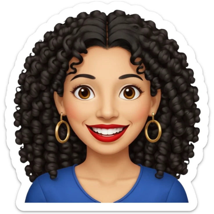 40 yr old peruvian woman, very curly long black hair, red lipstick, big smile, white teeth, brown eyes, hoop earings sticker