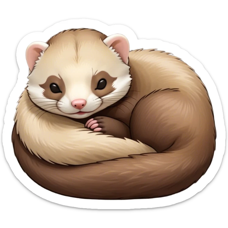 Meme-Worthy Cute Sleeping sable ferret Portrait Emoji, Head resting peacefully with a contented smile, showcasing a long, flexible body curled up in cozy repose, luxuriously soft fur in warm brown and cream, and eyes gently closed in serene slumber, Simplified yet hilariously adorable features, highly detailed, glowing with a soft, drowsy natural light, high shine, relaxed and utterly lovable, stylized with an air of playful laziness, bright and heartwarming, soft glowing outline, capturing the essence of a sleeping sable ferret that feels destined to become the next viral sensation of adorable rest! sticker