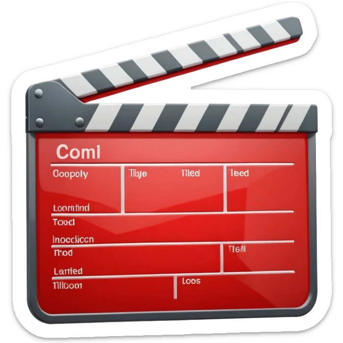Glossy bright red clapperboard in the classic style of Apple icons: the top bar is tilted up-left, the body and bar with a deep glossy glare, dark gray edging, black background inside, perfectly square with rounded corners. sticker