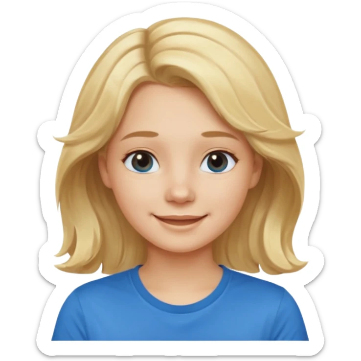 Happy blond girl with light weavy hair with a blue shirt but we can see only her face and neck and the top of the t shirt, no whole body sticker