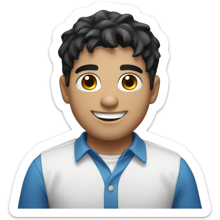 young man with a white and blue shirt and black hair with smile face sticker