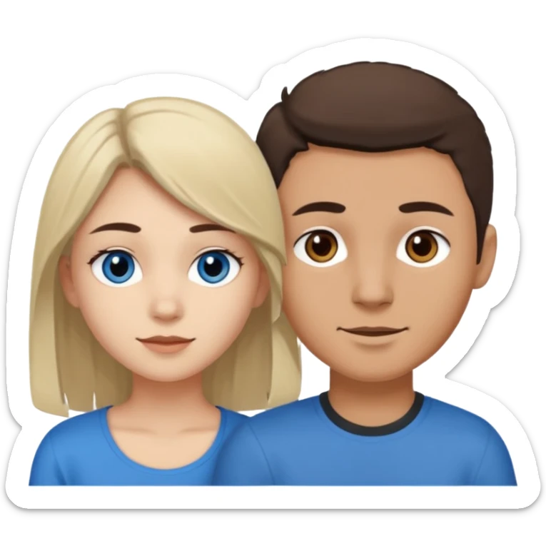 Una pareja heterosexual. La chica de piel blanca pero bronceada (española), pelo al estilo wolfcut castaño oscuro, ojos marrones. El chico de piel blanca, ojos azules y pelo castaño claro, tirando para rubio oscuro. sticker