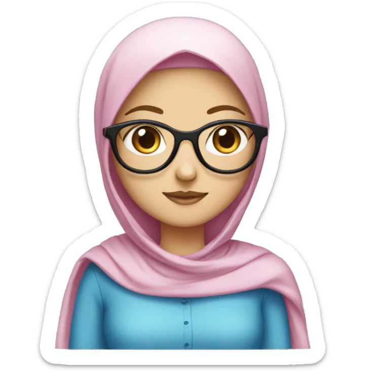 a white girl wearing galasses and blue dress and pink hijab sticker