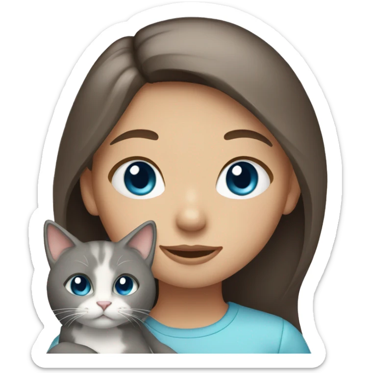 Girl with long brown hair and blue eyes holding a gray cat sticker