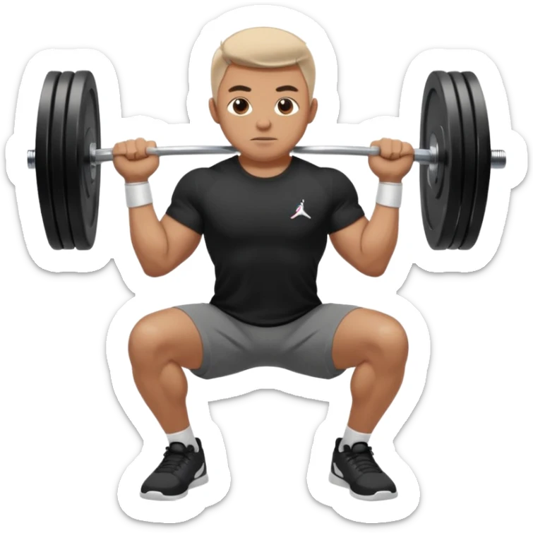 Hombre vestido con playera negra, pants gris y tenis blancos tipo jordan haciendo sentadilla libre con barra con un disco de 20 kilos por lado  sticker
