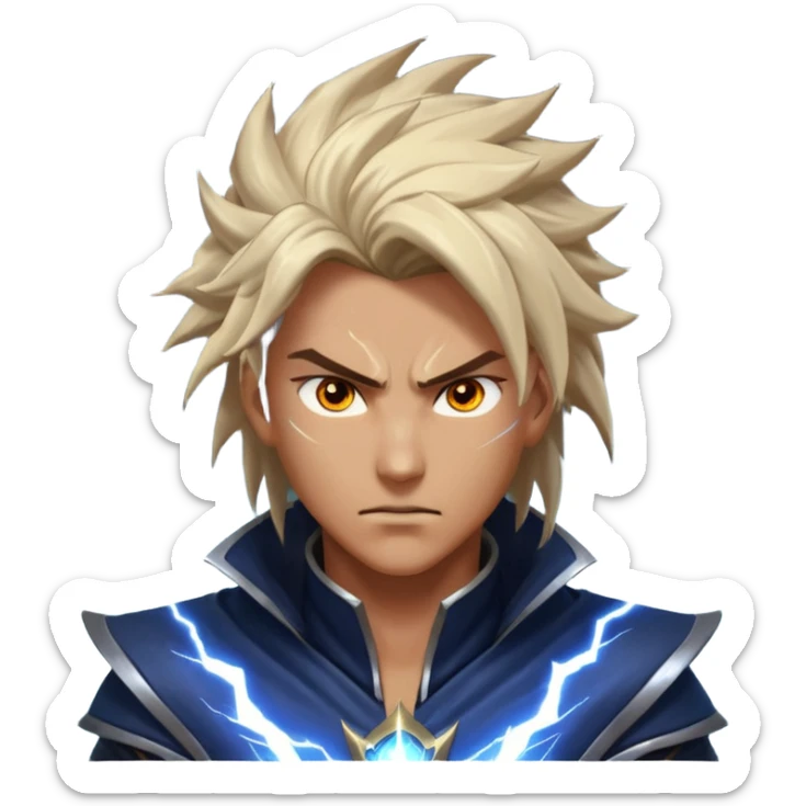 storm rider portrait, head and shoulders only, wind-swept hair, crackling lightning aura, storm clouds swirling behind, intense glowing eyes, epic fantasy vibe, 3D cartoon, mobile game icon style, clean background, no text, no watermark
 sticker
