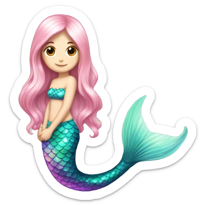 Iridescent mermaid tail full body white girl long hair pink sticker