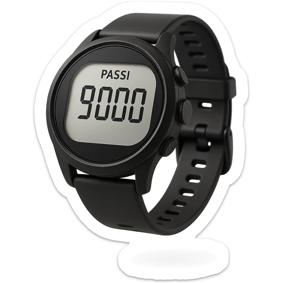 orologio contapassi che segna 9.000 passi sul display in italiano, fluttua in aria, iperrealistica 4k, isolato su sfondo bianco sticker