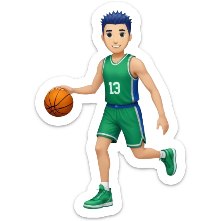 Full Body heavy tall white male with dark short spike hair basketball player wearing blue green uniform smiling sticker