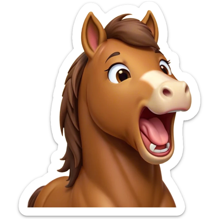 Cinematic Cute Yawning Bay Horse Portrait Emoji, Head tilted slightly with a dramatic, wide-open yawn, revealing a smooth bay fur with a subtle luster, floppy ears slightly drooping, round amber eyes barely open in drowsy contentment, Simplified yet irresistibly adorable features, highly detailed, glowing with a soft, cozy glow, high shine, relaxed yet expressive, stylized with a touch of equine whimsy, bright and endearing, soft glowing outline, capturing the essence of a sleepy yet affectionate horse, so drowsy it feels like it could stretch out of the screen and curl up for a nap! sticker
