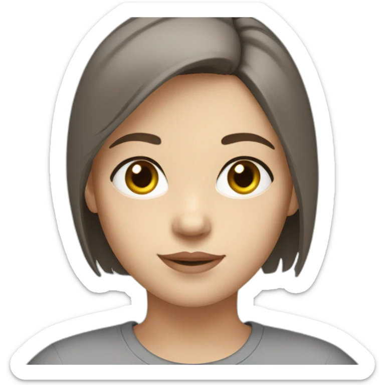 Girl with white skin and brown short hair, grey eyes and grey t-shirt sticker