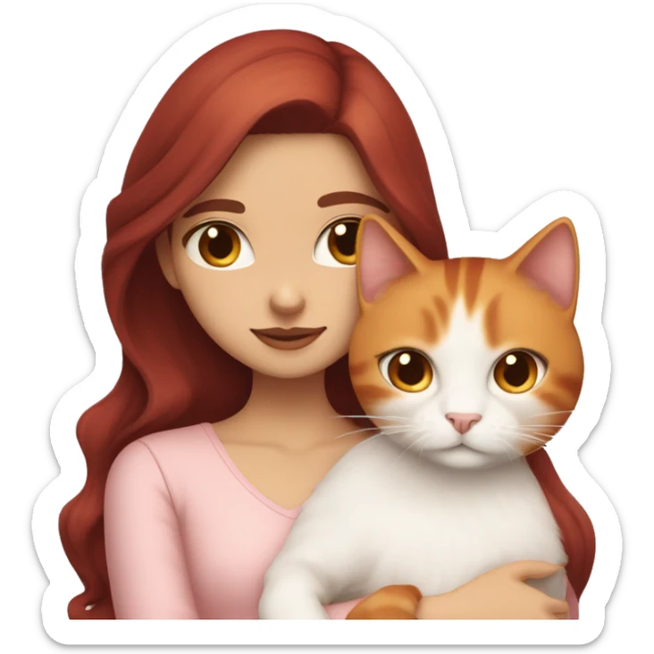 girl with long very dark red hair and brown eyes and light pink outfit hugging a white & ginger cat  sticker