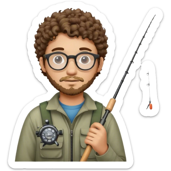 A young adult man with short curly brown hair, round glasses, light beard, wearing fishing gear and holding a fishing rod. sticker