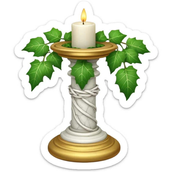 A candle-stand-pedestal made out of howlite stone with ivy vine leaves poking out on one side sticker