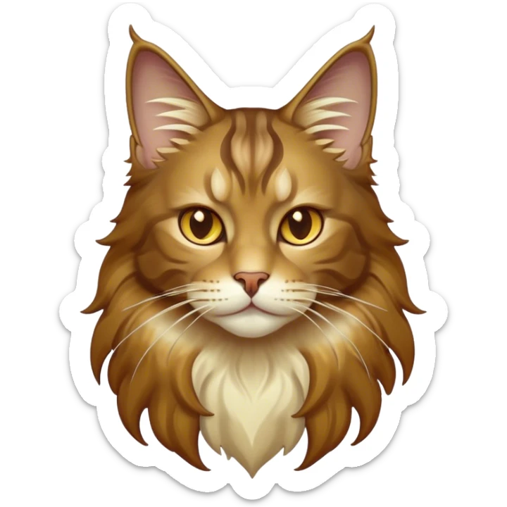 Cinematic Maine Coon Cat Portrait Emoji, Elegant and alert, sleek brown, gold, and cream tones, Simplified yet sharp features, highly detailed, glowing with a warm, confident glow, high shine, intelligent and poised, stylized with an air of grace, focused and attentive, soft glowing outline, capturing the essence of strength and grace, so lifelike it feels as though it could spring into motion with its majestic tail swishing at any moment! sticker