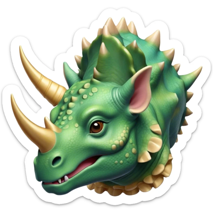 Beautiful and Majestic Triceratops Portrait Emoji, Head and body rendered in serene repose with a gentle, content smile, showcasing a robust, horned form with an intricately frilled head and eyes softly closed in tranquil repose, Simplified yet exquisitely endearing features, highly detailed, glowing with a soft, drowsy prehistoric light, high shine, relaxed and utterly majestic, stylized with an air of ancient splendor, soft glowing outline, capturing the essence of a beautiful and majestic Triceratops that embodies the timeless strength of the ancient world! sticker