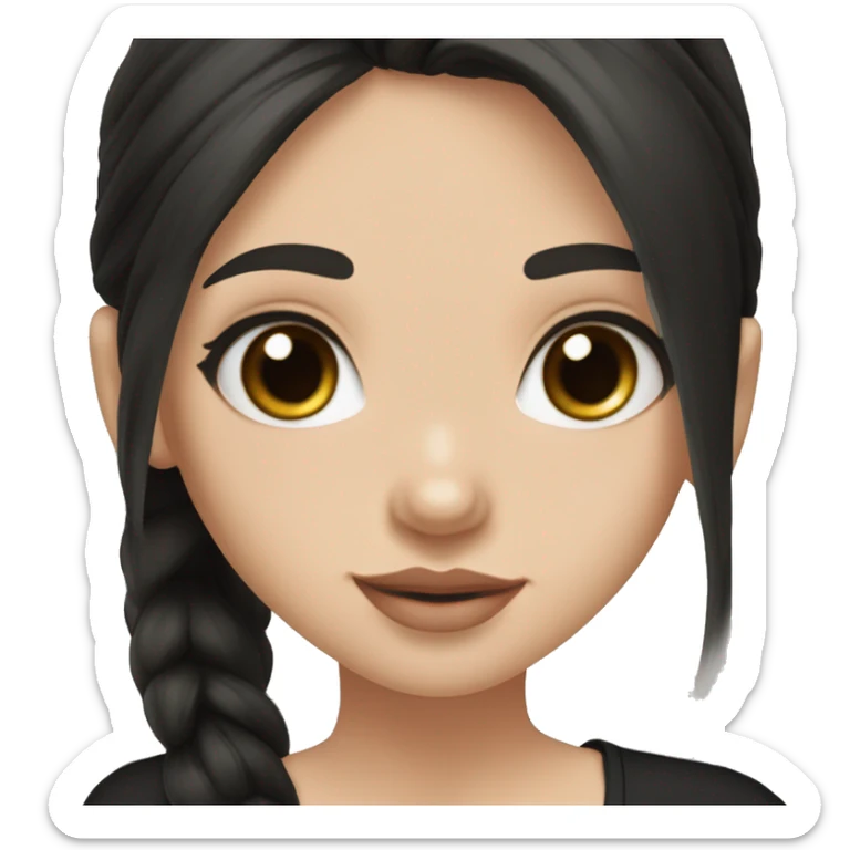 Slavic girl, light skin, long eye lashes, pink beige lips, brown eyes, long black straight hair , black T-shirt, chibi, smiling. sticker