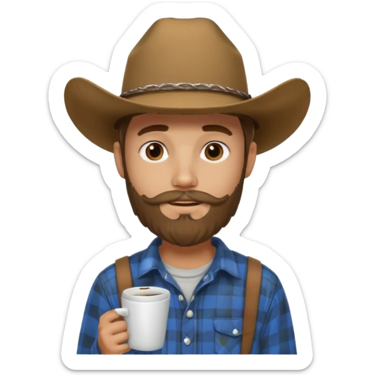 generate an ios genmoji of a 20 year old tan boy with a cowboy hat and french beard. Wearing a flannel and carrying a coffee mug sticker