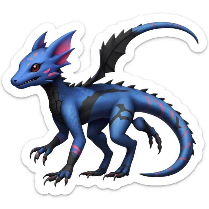 Rare realistic exotic edgy spooky gothic gloomy cool badass epic pretty beautiful handsome gorgeous aesthetic colorful vibrant Vernid-Trico-species-Fakemon-Salandit-hybrid-creature by LiLaiRa, 4 legs, 1 tail, random markings, (full body) sticker
