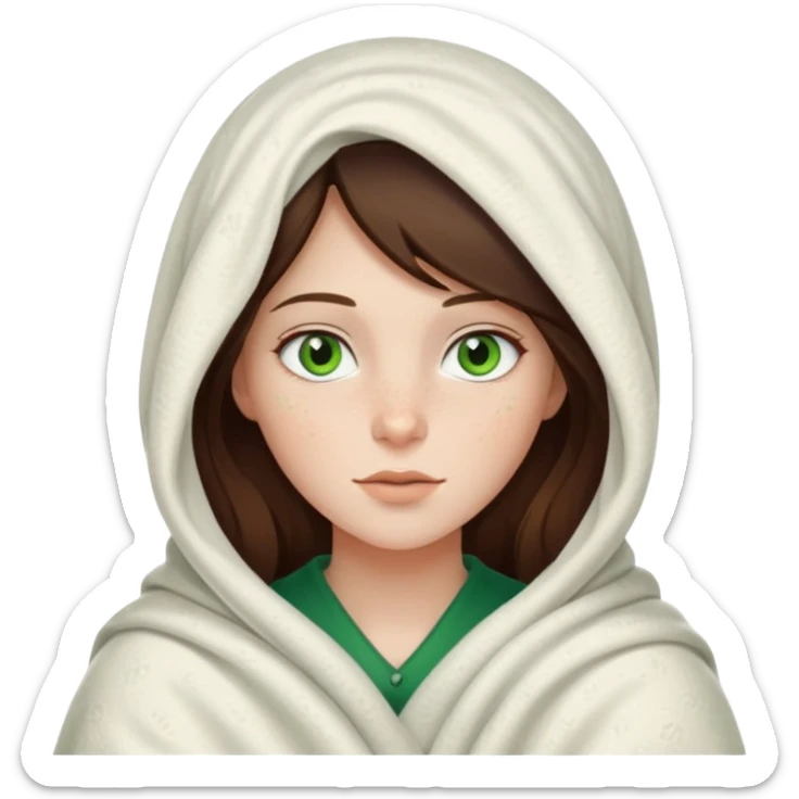 a white brunette girl with green eyes and freckles covered up in a blanket sticker