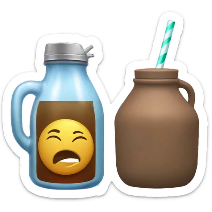 water jug with ice in it and by the left a brown guampa with a silver straw and yerba in it sticker