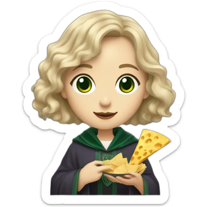 Slytherin girl with short wavy ash blonde bob hair and blue eyes eating chips and cheese hogwarts robe sticker