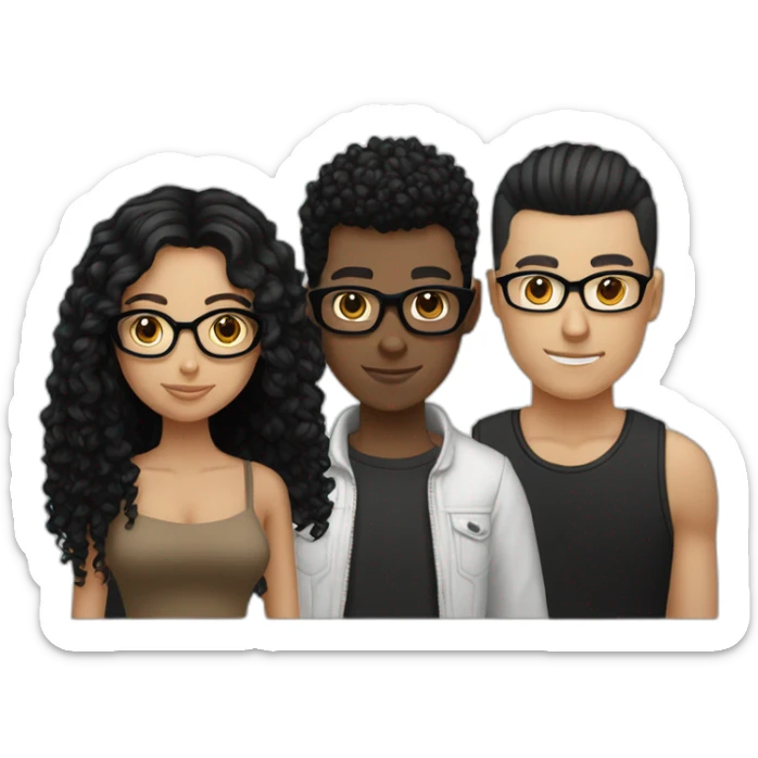 tan girl curly black hair black glasses, white guy brown buzzcut, white emo girl black straight hair sticker