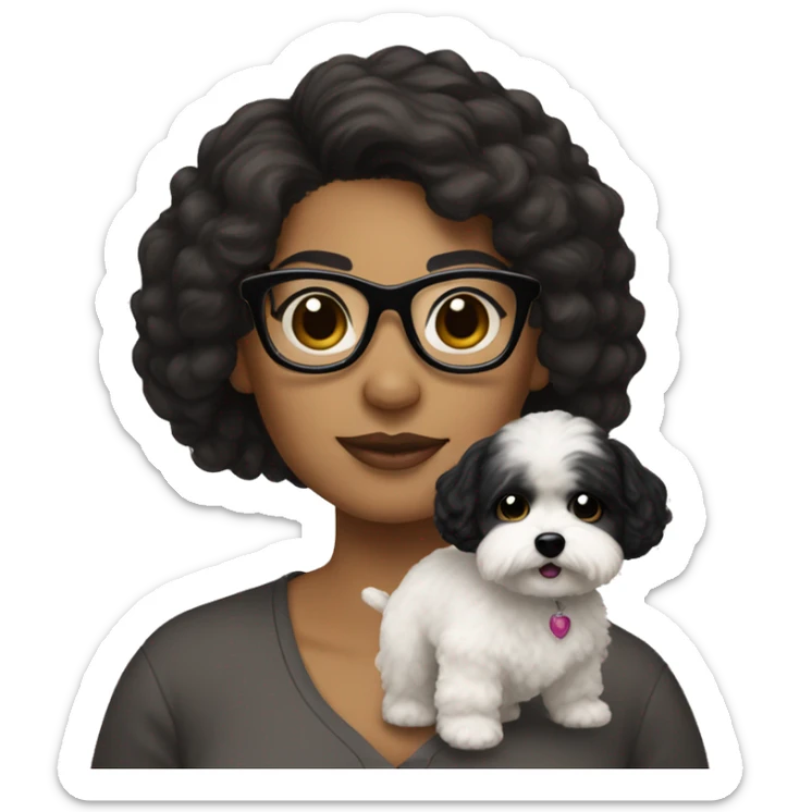 Light brown woman with black hair and black  glasses holding white MaltiPoo sticker