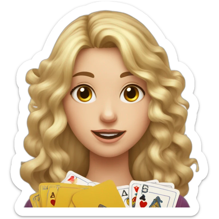 Une fille aux cheveux ondulés déguisée en sorcière avec des cartes dans la main sticker