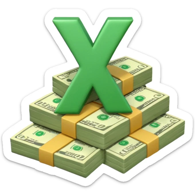 start with a 3d number 10 and letter x, "10x" and to its right, a cash pile, make bills rectangular, looking like a multiplier of the wad of cash sticker